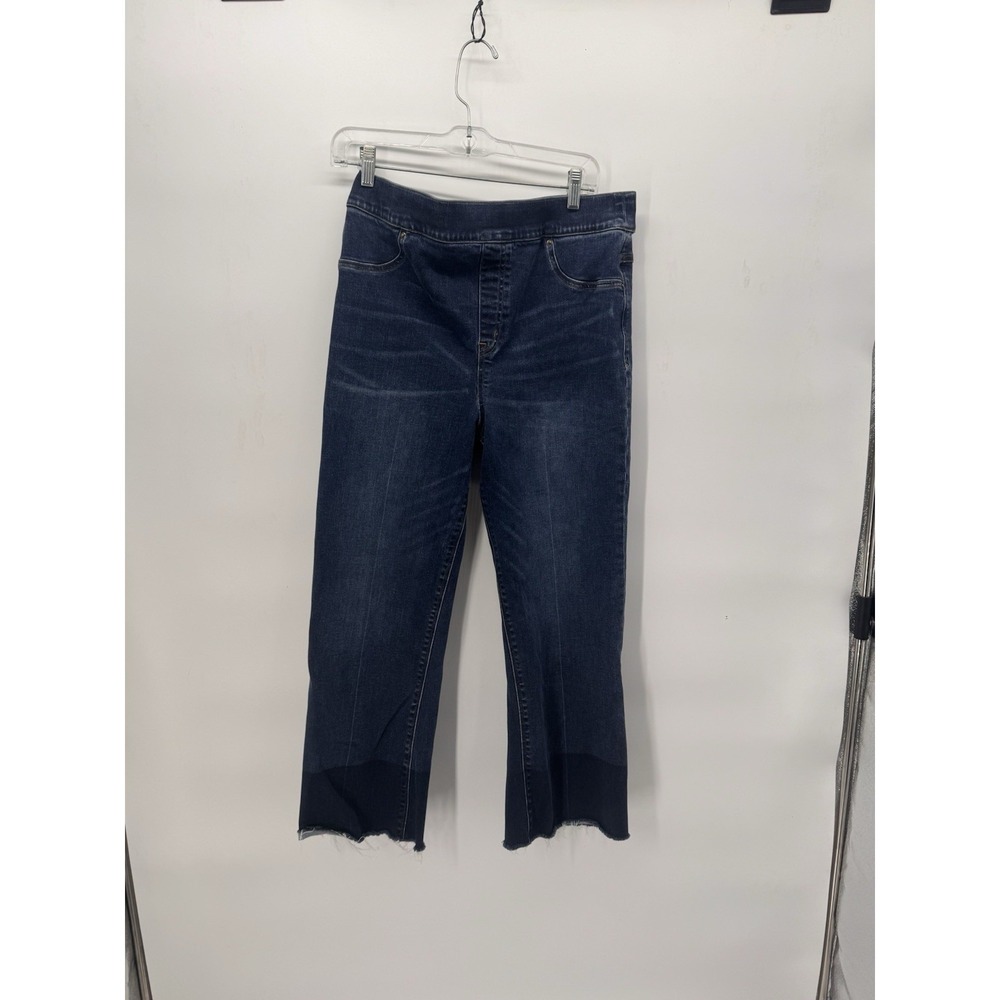 Spanx Jeans Size L Dip Dyed Blue Pull On  Raw Hem Stretch Denim Wide leg